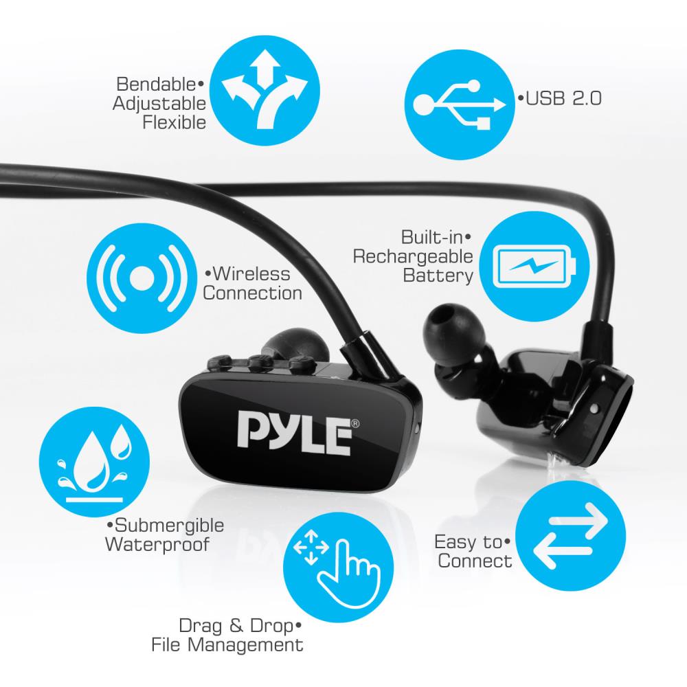 PyleSport PSWP8BK 防水MP3 音プレーヤーヘッドフォン マリングレードIPX8 防水定格 充電式バッテリー内蔵 メモリ8GB＆FMラジオ USBポート経由で充電可能 LED