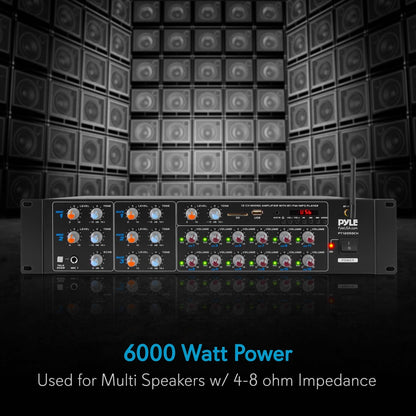 12-Channel Bluetooth Amplifier 6000W Multi-Zone Mixer with USB/SD/AUX