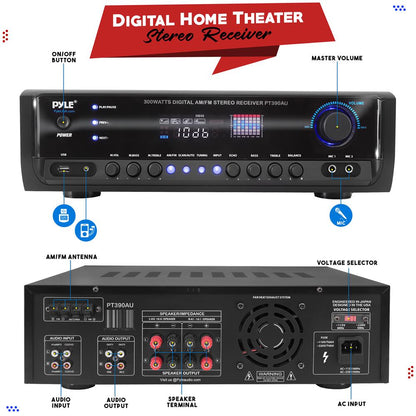 Home Audio Amplifier System 300W 4-Channel USB/AUX/MP3 Receiver