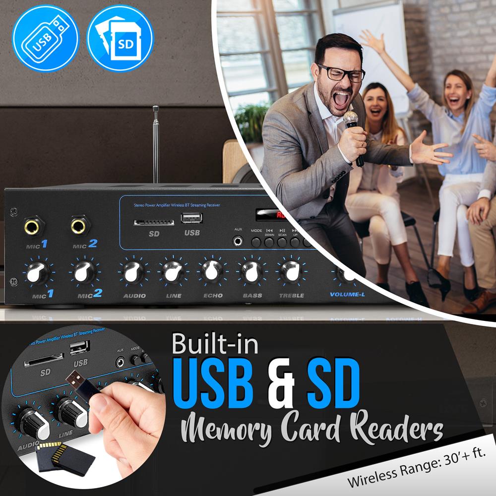 600W Bluetooth Stereo Amplifier - Wireless Streaming, FM Radio, Metal Housing - Thumbnail 5