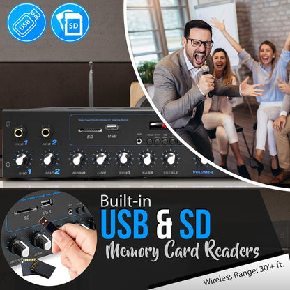 600W Bluetooth Stereo Amplifier - Wireless Streaming, FM Radio, Metal Housing