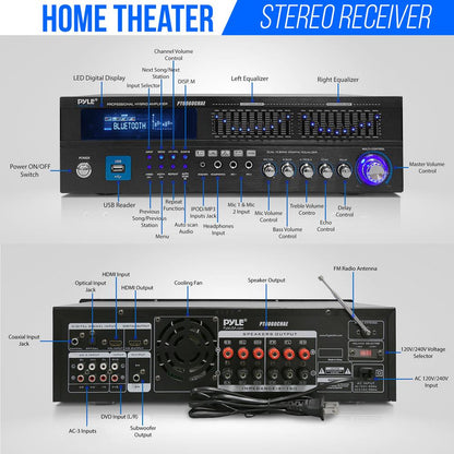 2000W Bluetooth 6-Channel Home Amplifier - Wireless Streaming, USB/AUX/RCA