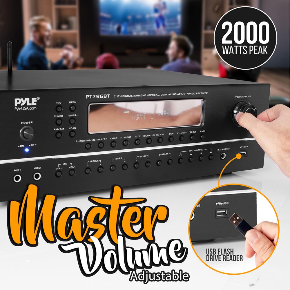 2000W 7.1-Ch Bluetooth Stereo Amplifier, 4K UHD, Surround Sound