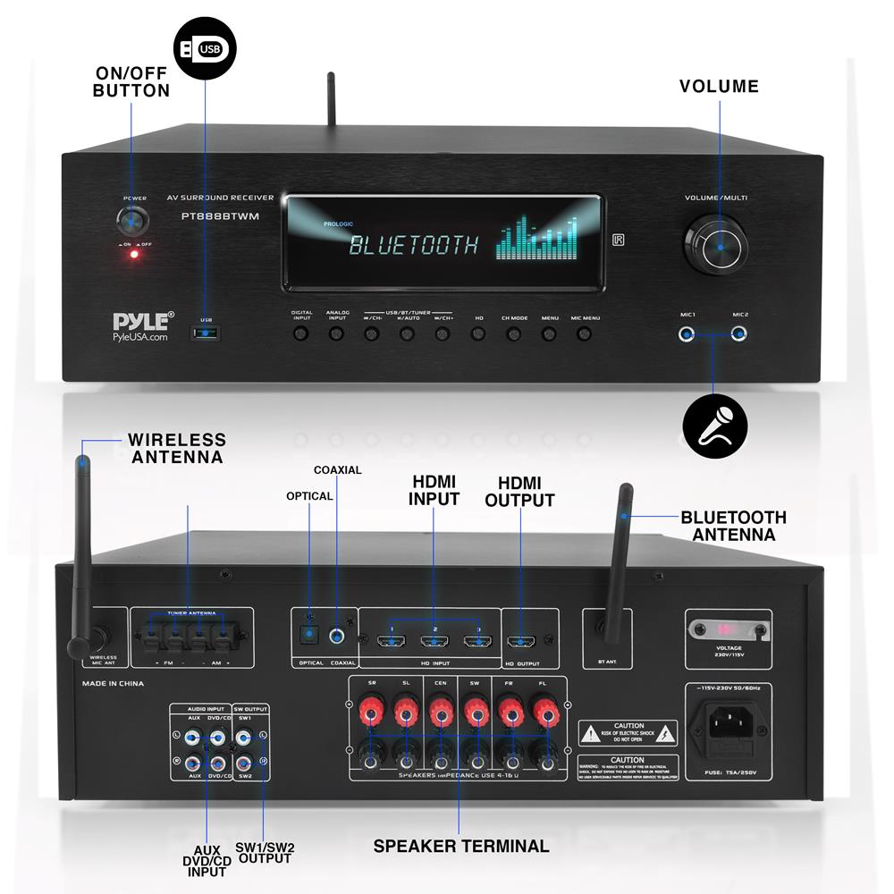 1000W 5.2-Channel Bluetooth Receiver with Wireless Mics - Thumbnail 2