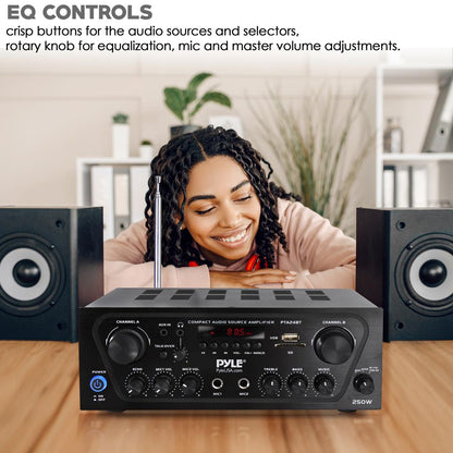 2-Channel Bluetooth Home Amplifier 250W Compact with Mic Input