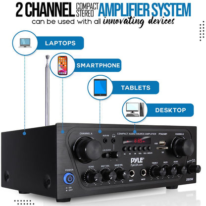 2-Channel Bluetooth Home Amplifier 250W Compact with Mic Input