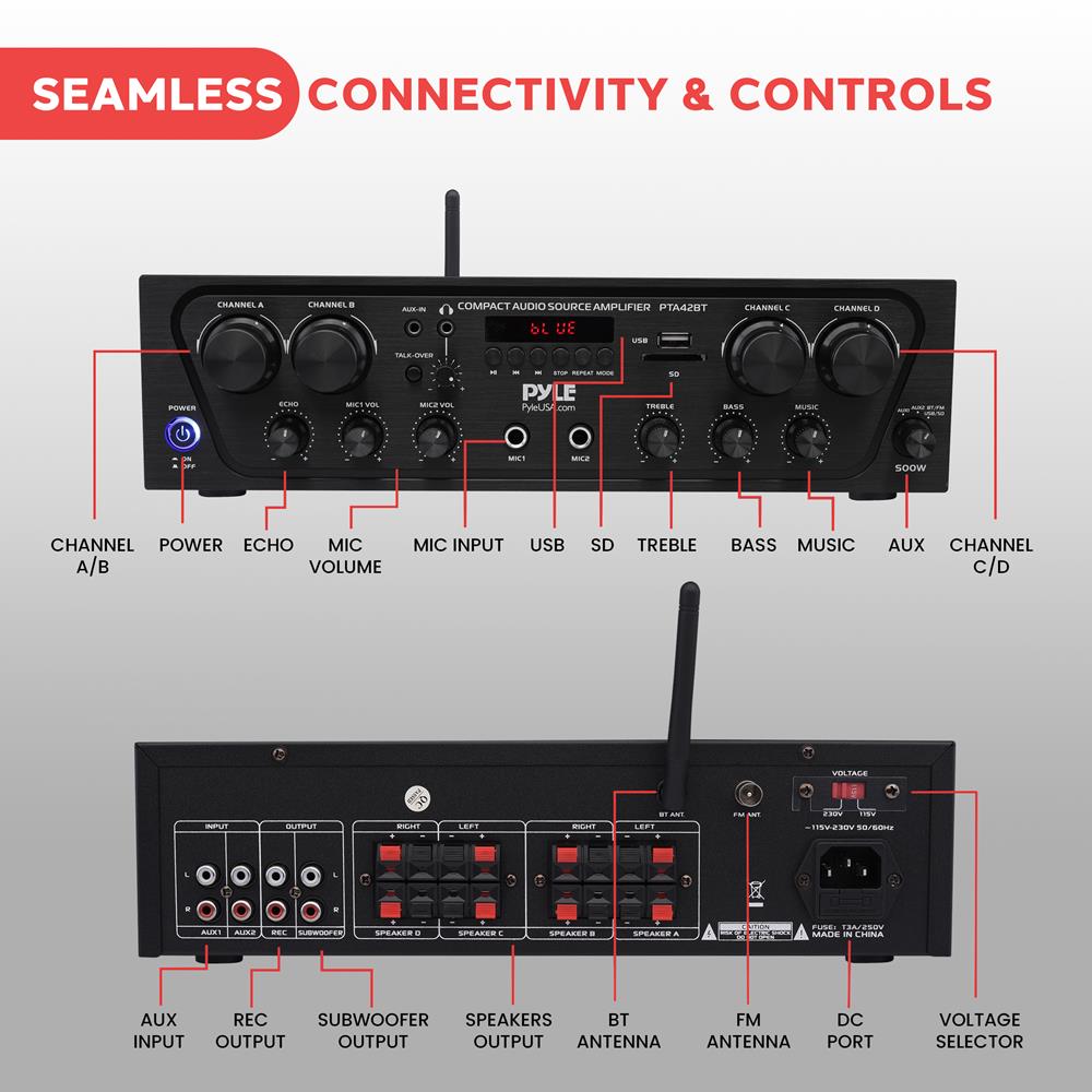 Wireless Karaoke Stereo Receiver 500W 4-Ch Bluetooth USB/AUX/SD/FM - Thumbnail 4