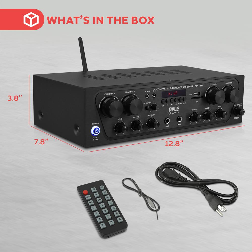 Wireless Karaoke Stereo Receiver 500W 4-Ch Bluetooth USB/AUX/SD/FM