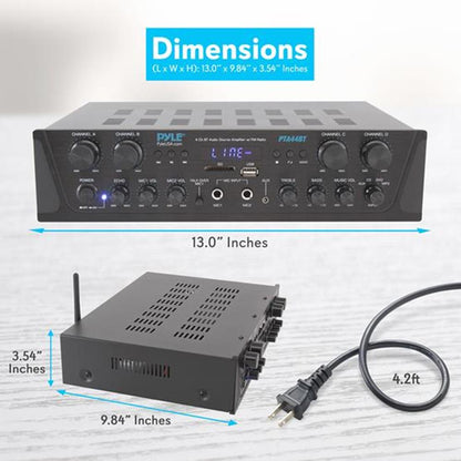500W 4-Channel Bluetooth Amplifier, Wireless Streaming, USB/SD/AUX