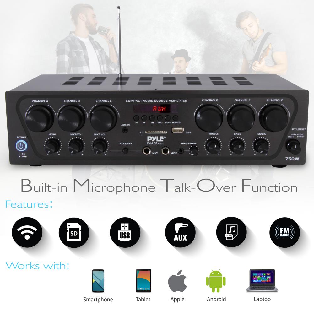 Wireless 6-Ch. Stereo Amplifier 750W Bluetooth Streaming USB/AUX