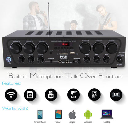 Wireless 6-Ch. Stereo Amplifier 750W Bluetooth Streaming USB/AUX