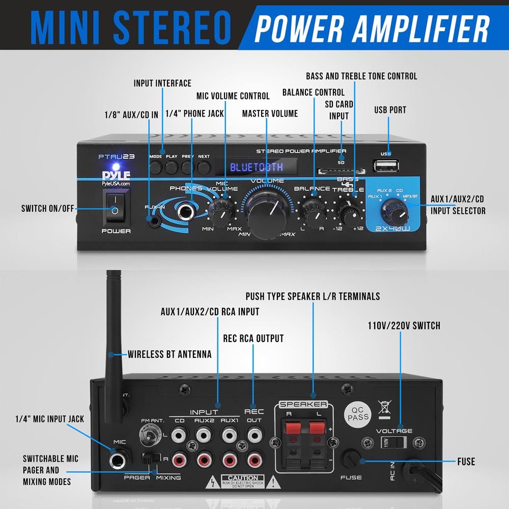 Bluetooth Stereo Amplifier 2x40W Wireless Streaming USB/AUX Inputs