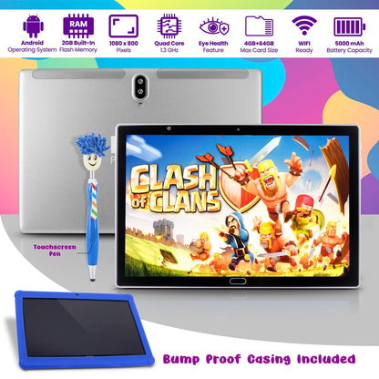 10.1" Full HD Android Tablet for Kids, Quad-Core, Long Battery, Blue