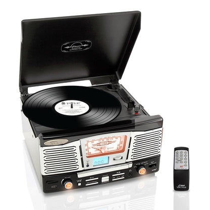 Retro Style Turntable Plays Am/Fm Radio, Mp3/Wma Via Usb/Sd Card Readers, And Vinyl-To-Mp3 Encoding Function (Black)