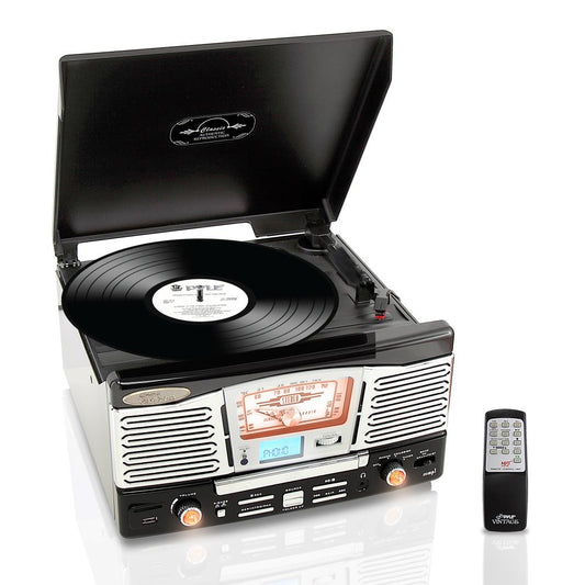 Retro Style Turntable Plays Am/Fm Radio, Mp3/Wma Via Usb/Sd Card Readers, And Vinyl-To-Mp3 Encoding Function (Black)