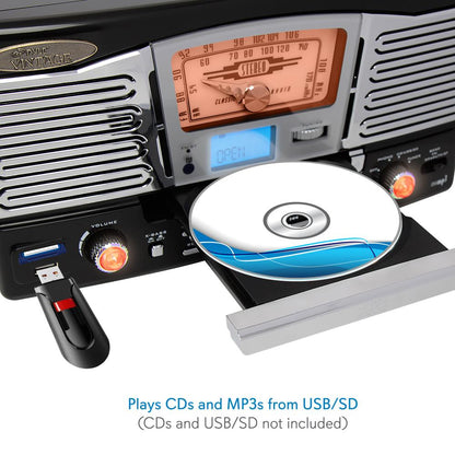 Retro Style Turntable Plays Am/Fm Radio, Mp3/Wma Via Usb/Sd Card Readers, And Vinyl-To-Mp3 Encoding Function (Black)