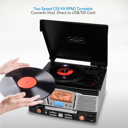 Retro Style Turntable Plays Am/Fm Radio, Mp3/Wma Via Usb/Sd Card Readers, And Vinyl-To-Mp3 Encoding Function (Black)
