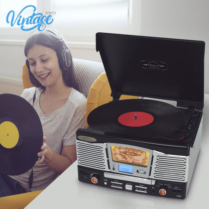 Retro Style Turntable Plays Am/Fm Radio, Mp3/Wma Via Usb/Sd Card Readers, And Vinyl-To-Mp3 Encoding Function (Black)
