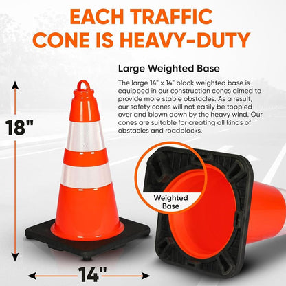 18" Traffic Cones 10-Pack, High Visibility, Reflective PVC, Orange