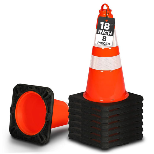 18" Traffic Cones 8-Pack, High Visibility, Reflective PVC, Orange