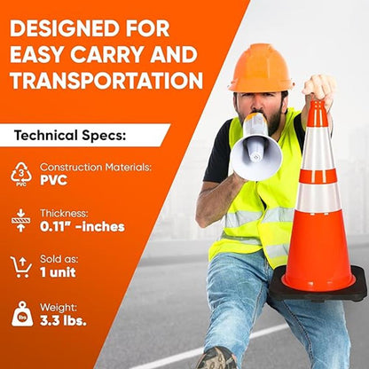 28" Traffic Cones 12-Pack, High Visibility, Reflective PVC, Orange