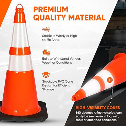 28" Traffic Cones 12-Pack, High Visibility, Reflective PVC, Orange