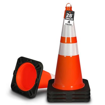28" Traffic Cones 4-Pack, High Visibility, Reflective PVC, Orange