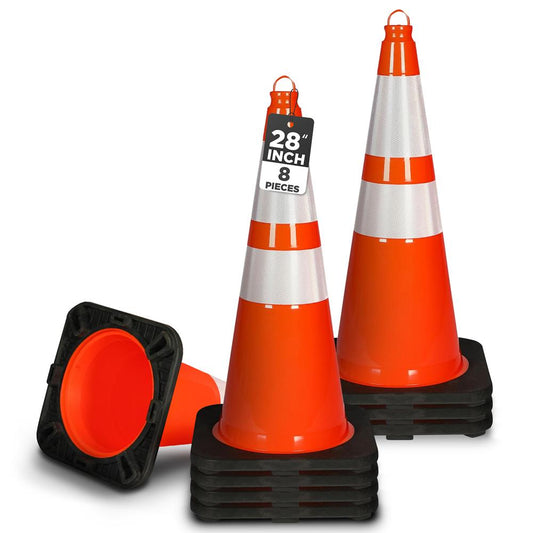 28" Traffic Cones 8-Pack, High Visibility, Reflective PVC, Orange