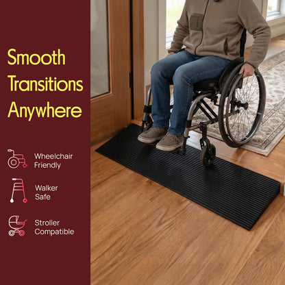 Pyle 1.2" Rise Rubber Threshold Ramp – Heavy-Duty, Non-Slip Doorway Ramp For Wheelchairs, Scooters, Strollers & Bathrooms, Easy To Install, Adjustable And Cuttable (Black)