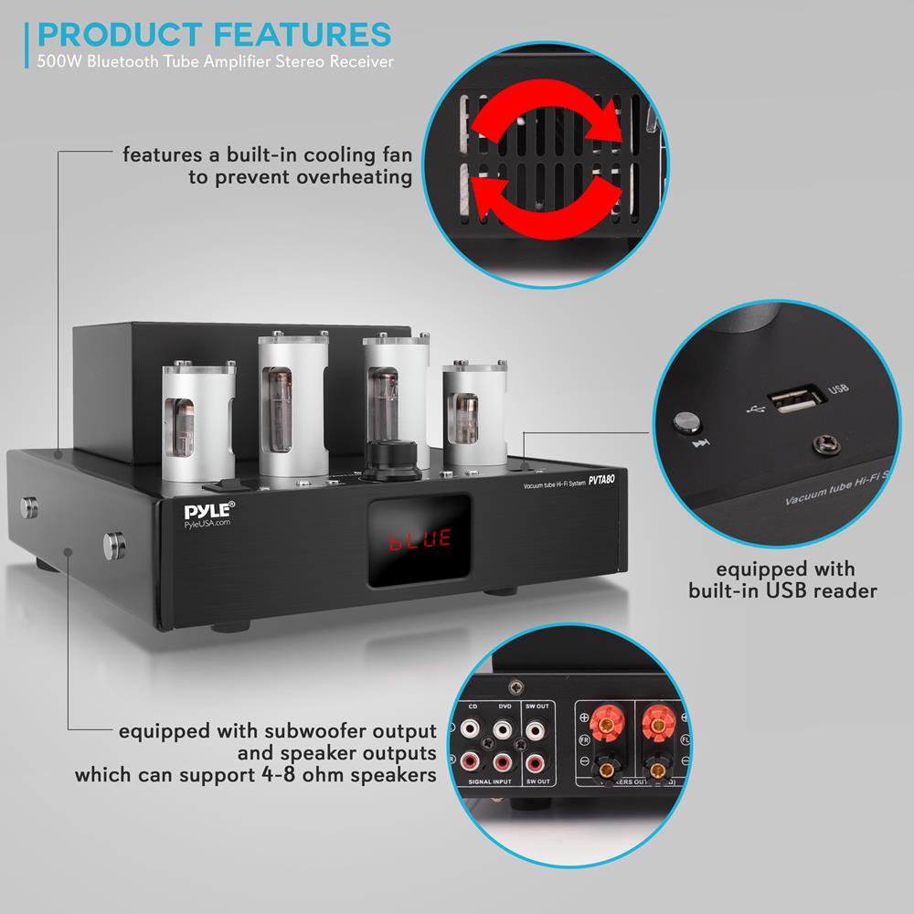Pyle Bluetooth Tube Amplifier Stereo Receiver - 600W Home Audio Desktop Stereo Vacuum Tube Power Amplifier Receiver w/ 2 Vacuum Tubes, : Pyle Bluetooth Tube Amplifier Receiver - 500W Home