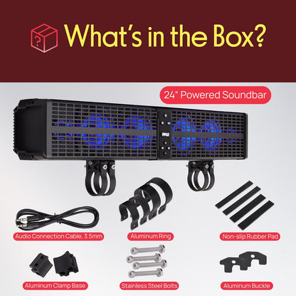 24” Powered ATV/UTV Soundbar System – Built-in Class D Stereo Power Amplifier with Wireless BT Streaming and LED Lights