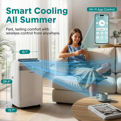 Serenelife Portable Air Conditioner With Wi-Fi Function -  9500 Btu Cooling (Ashrae), Compact Unit With Dehumidifier & Fan Modes, Includes Window Mount Kit (White)