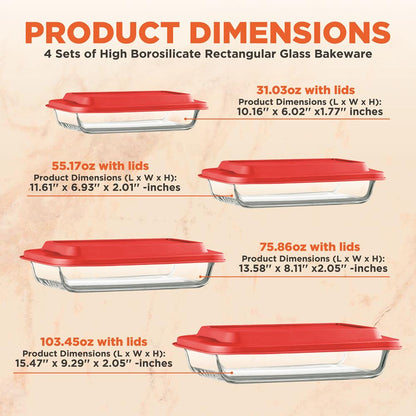 8-Piece Glass Baking Dish Set - Oven Safe, Borosilicate, Red