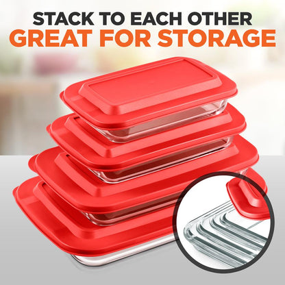 8-Piece Glass Baking Dish Set - Oven Safe, Borosilicate, Red