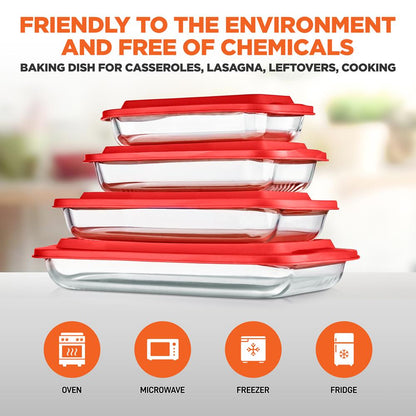 8-Piece Glass Baking Dish Set - Oven Safe, Borosilicate, Red