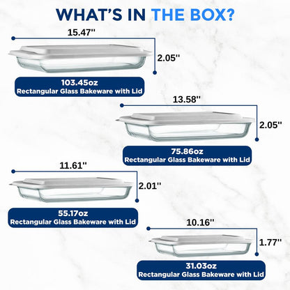 8-Piece Glass Baking Dish Set - Oven Safe, Borosilicate, White