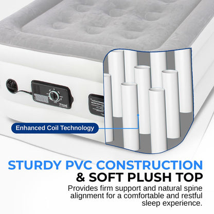 Twin Air Mattress, ComfortCoil Tech, Built-in Pump, Gray, 18" Raised