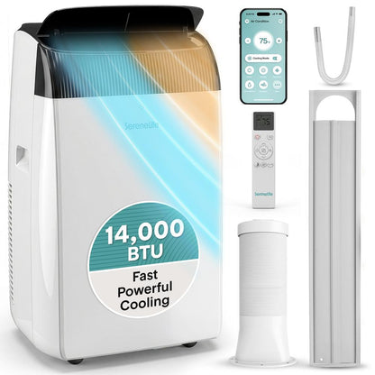 Serenelife Portable Air Conditioner With Wi-Fi, Built-In Dehumidifier & Fan Modes, 14,000 Btu (Ashrae) Compact Home Cooling Unit With Window Installation Kit (Gray)