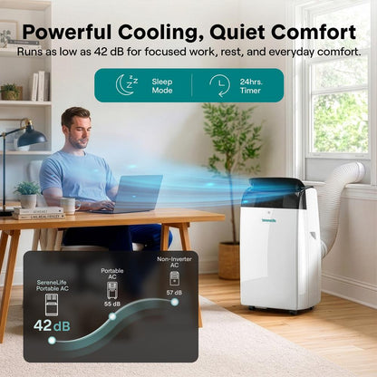Serenelife Inverter Portable Air Conditioner & Heater With Wi-Fi, 16,000 Btu Cooling (Ashrae), Compact Unit With Dehumidifier & Fan Modes, Includes Window Mount Kit (Gray)
