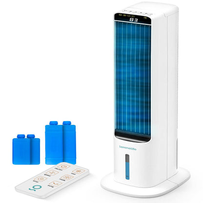 Serenelife Portable Evaporative Air Cooler Tower Fan With 5L Detachable Water Tank, 60° Adjustable Oscillation, 3 Fan Modes, 4 Ice Boxes, And Remote Control – Ideal For Home, Office, And School (White)