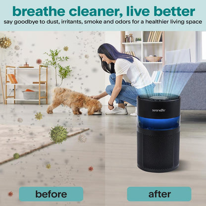Portable Air Purifier - Small Air Purifier with Aroma Box & Ambient Light, High Filtration Efficiency, 2-Speed, Timer & Sleep Mode (Black)