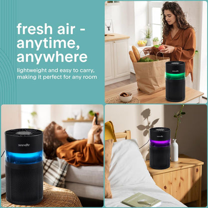Portable Air Purifier - Small Air Purifier with Aroma Box & Ambient Light, High Filtration Efficiency, 2-Speed, Timer & Sleep Mode (Black)