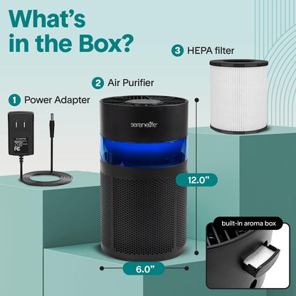 Portable Air Purifier - Small Air Purifier with Aroma Box & Ambient Light, High Filtration Efficiency, 2-Speed, Timer & Sleep Mode (Black)
