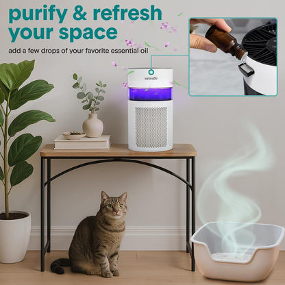 Portable Air Purifier - Small Air Purifier with Aroma Box & Ambient Light, High Filtration Efficiency, 2-Speed, Timer & Sleep Mode (White)