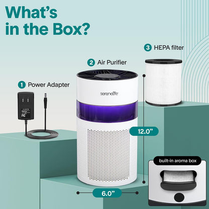 Portable Air Purifier - Small Air Purifier with Aroma Box & Ambient Light, High Filtration Efficiency, 2-Speed, Timer & Sleep Mode (White)
