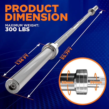 Olympic Barbell 7ft - Durable Chrome, Non-Slip Grip, 300lb Capacity