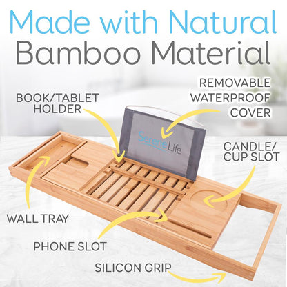 Bamboo Bathtub Caddy Tray - Relaxation Organizer, Adjustable, Natural Wood