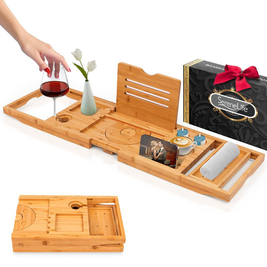 Bamboo Bathtub Caddy Adjustable Non-Slip Expandable 41.3" Natural