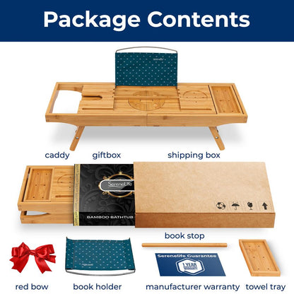 Bamboo Bathtub Caddy - Adjustable, Foldable, Waterproof, Dark Brown