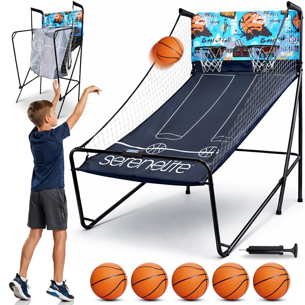 Dual Hoop Basketball Game - LED Scoreboard, Foldable, 5 Balls